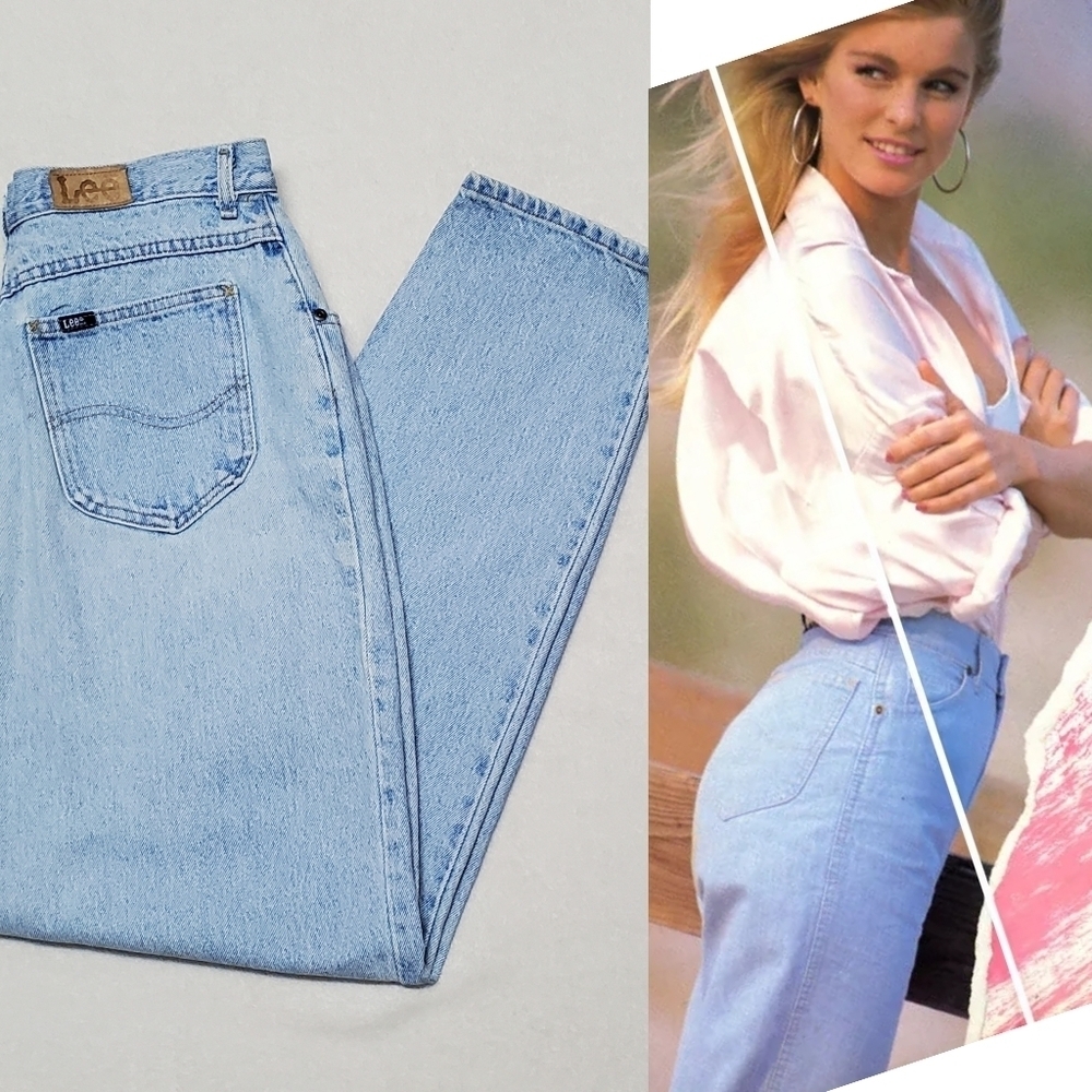 80s Vintage Lee Light Wash Stone Wash Extra High Rise Pleated Barrel Leg Jeans